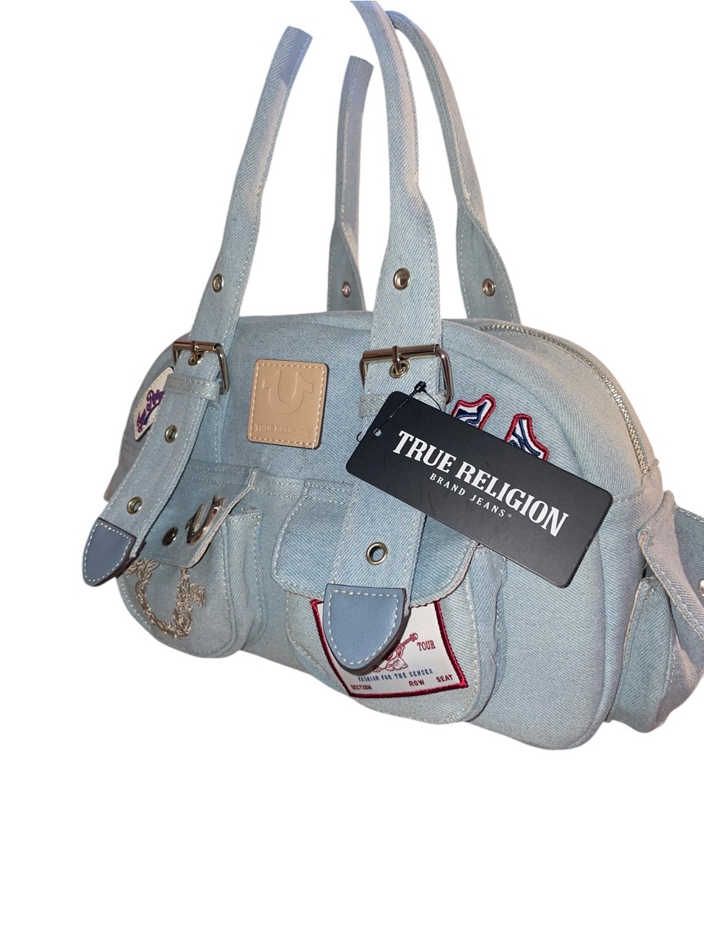 TRUE RELIGION Multi-Patch Denim Satchel Bag NWT - Picture 10 of 16